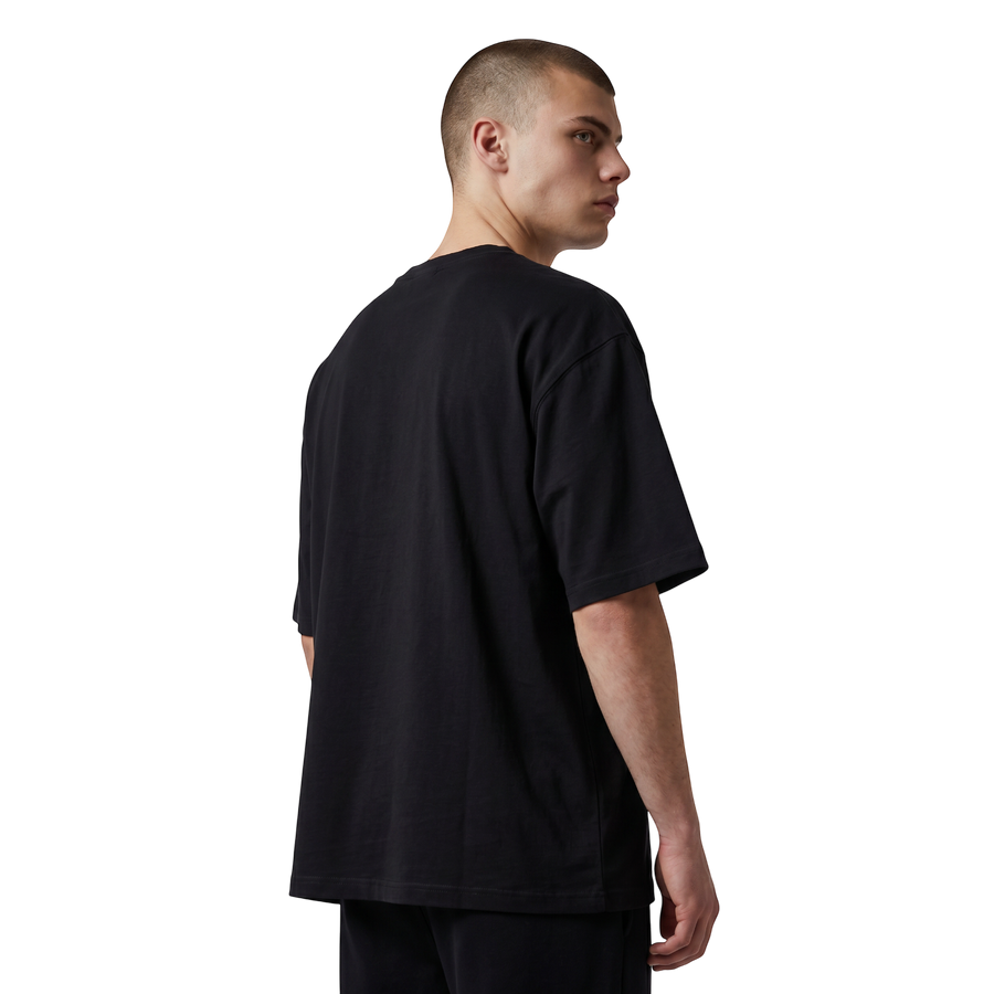 NILO Studio Heavyweight Tee in black, featuring a relaxed fit, drop shoulders, and premium 300 gsm cotton fabric.