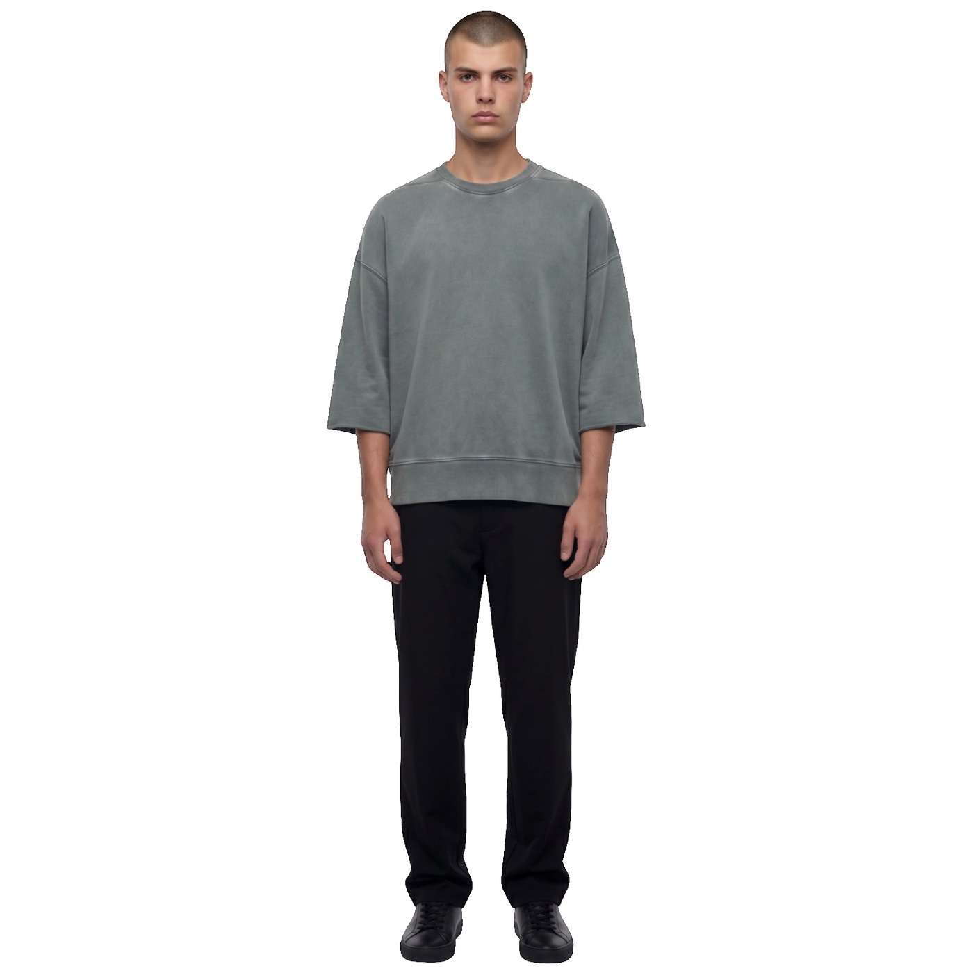 NILO Master heavyweight oversized tee in washed grey cotton with a structured fit worn by a male model