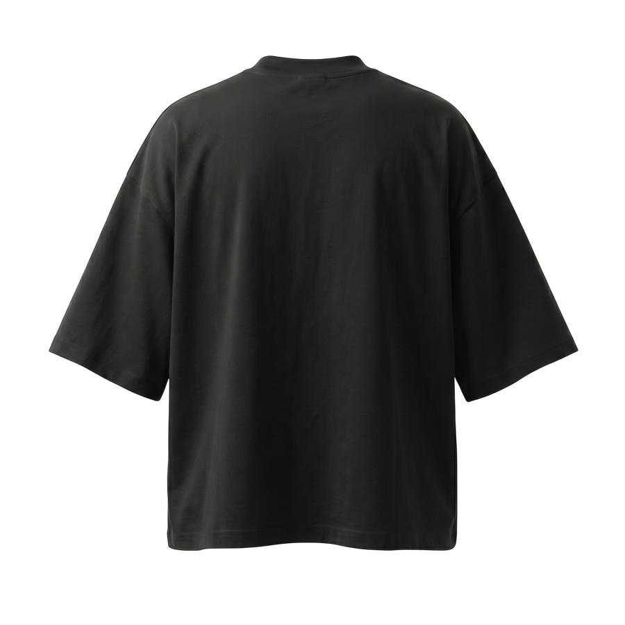 Back view of NILO Vision oversized boxy tee in heavyweight black cotton with a structured fit.