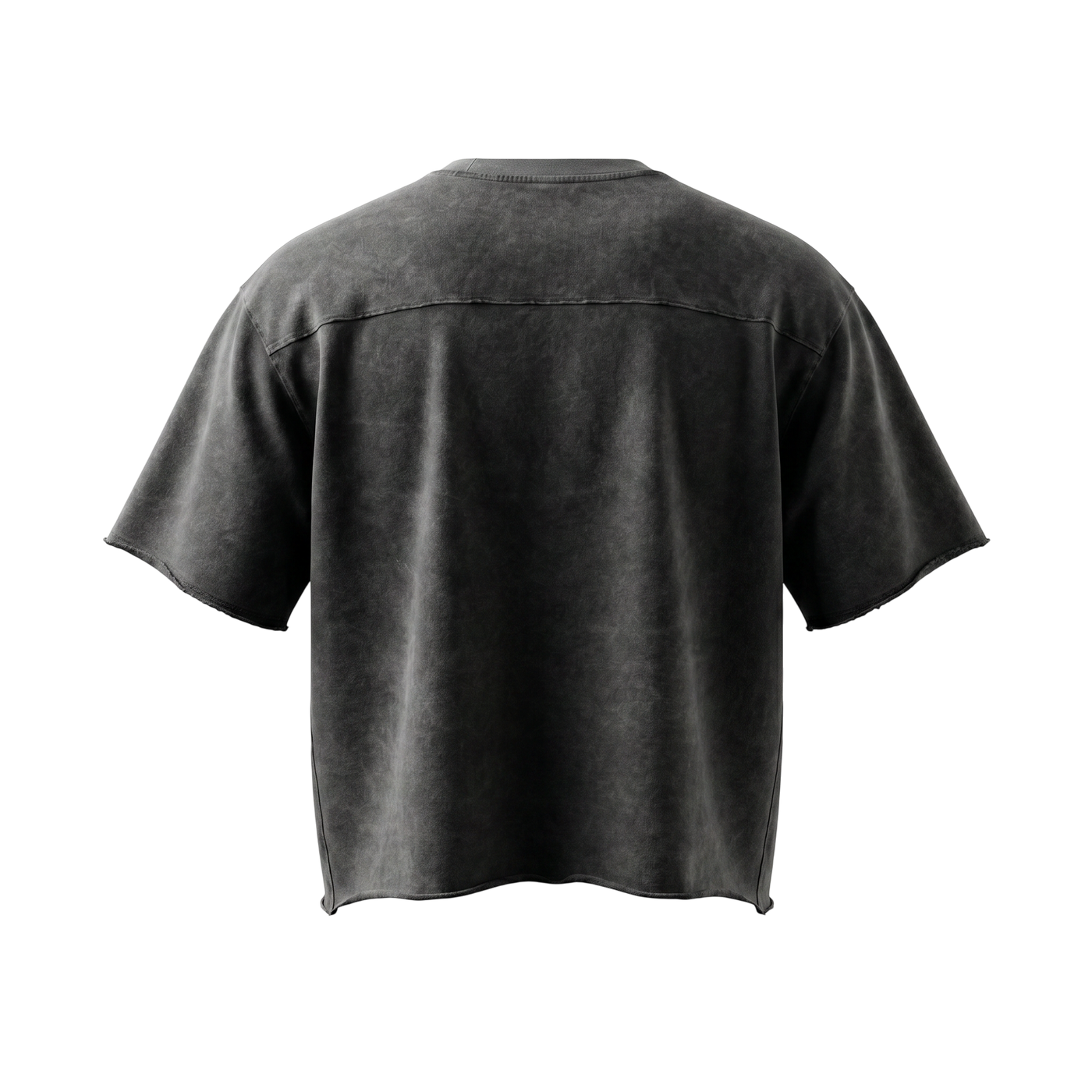 NILO Director snow-washed black boxy t-shirt with raw edges, made from heavyweight 100% cotton, back view.