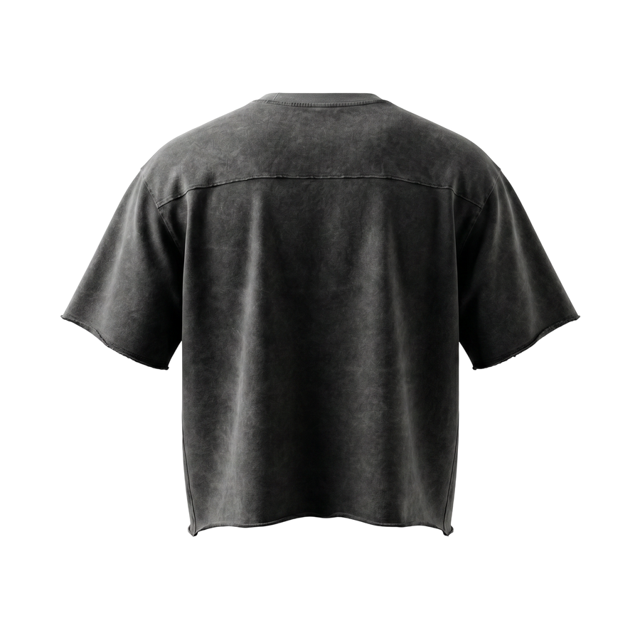 NILO Director snow-washed black boxy t-shirt with raw edges, made from heavyweight 100% cotton, back view.