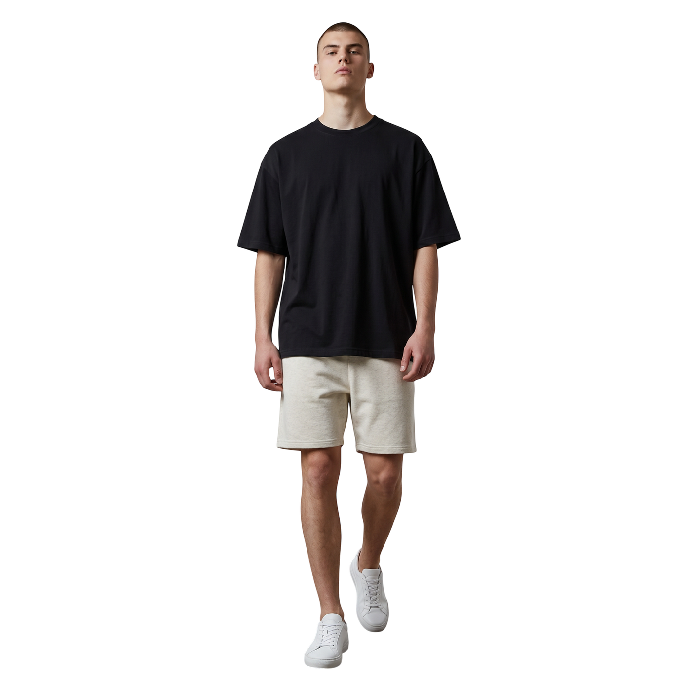 NILO Frame Loose Tee in black cotton with drop shoulders worn by a model with beige shorts and white sneakers