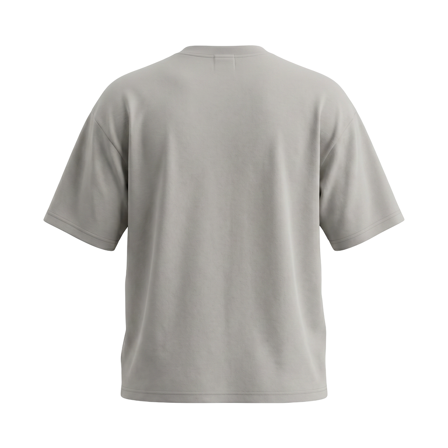 NILO Frame Loose Tee in light grey cotton with a relaxed fit and drop shoulders, back view.