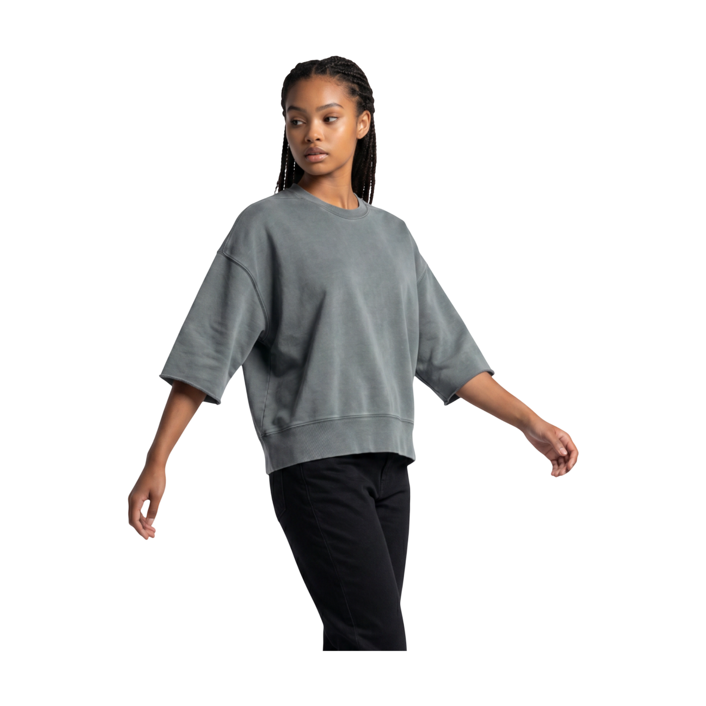 NILO Master heavyweight oversized grey cotton t-shirt with a structured fit worn by a model on a black background