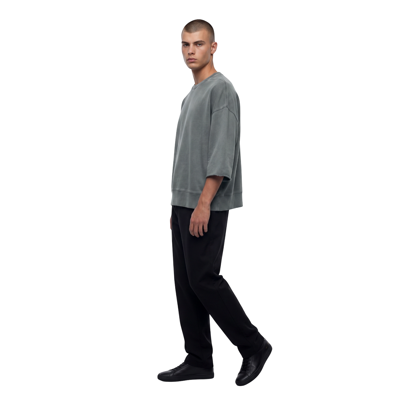 NILO Master heavyweight oversized grey cotton t-shirt worn by a male model against a black background