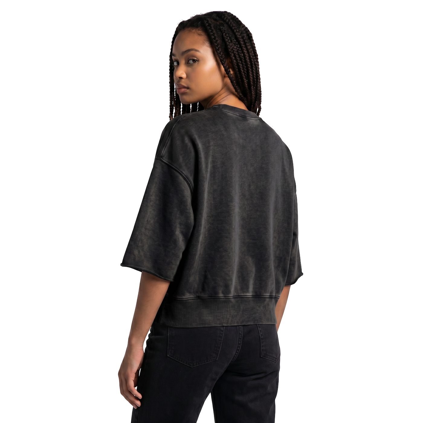 NILO Master heavyweight oversized charcoal grey cotton tee with a structured fit worn by a model, back view.