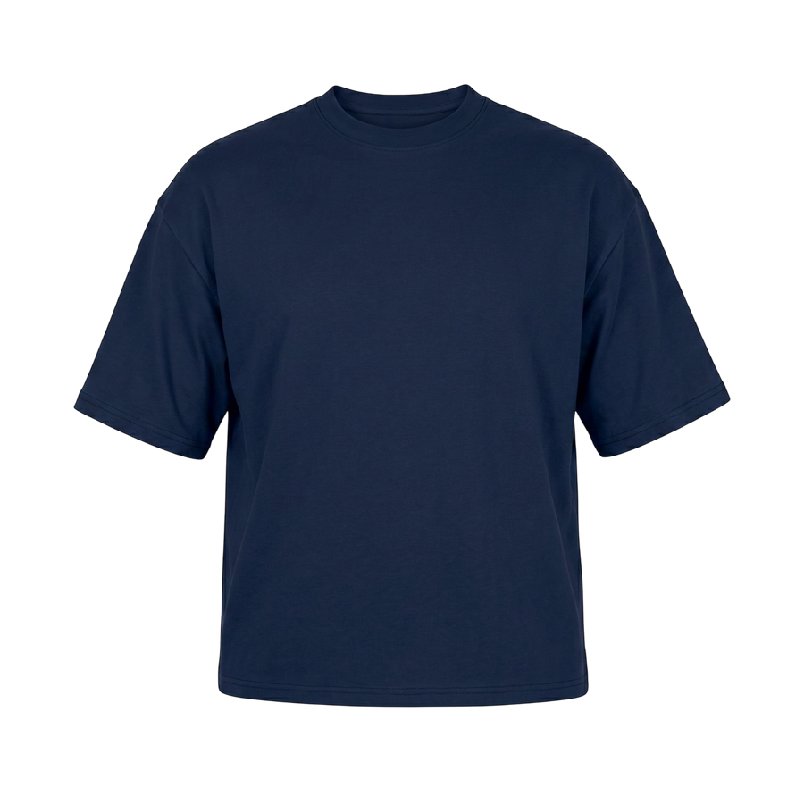 NILO Frame Loose Tee in navy blue, crafted from 100% cotton with a relaxed fit and drop shoulder design.