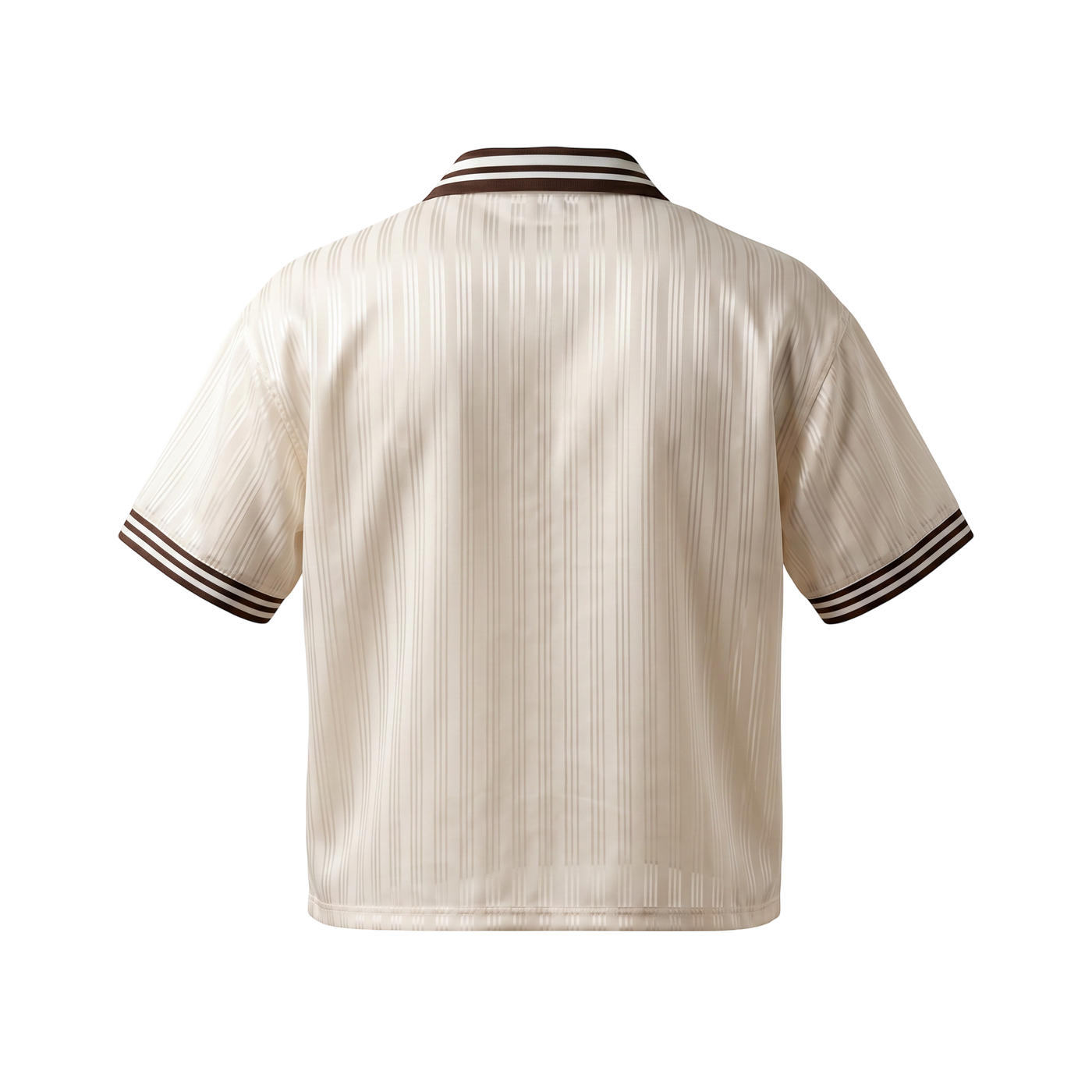 Back view of NILO Sequence striped polo tee in cream polyester with brown collar and sleeve trim