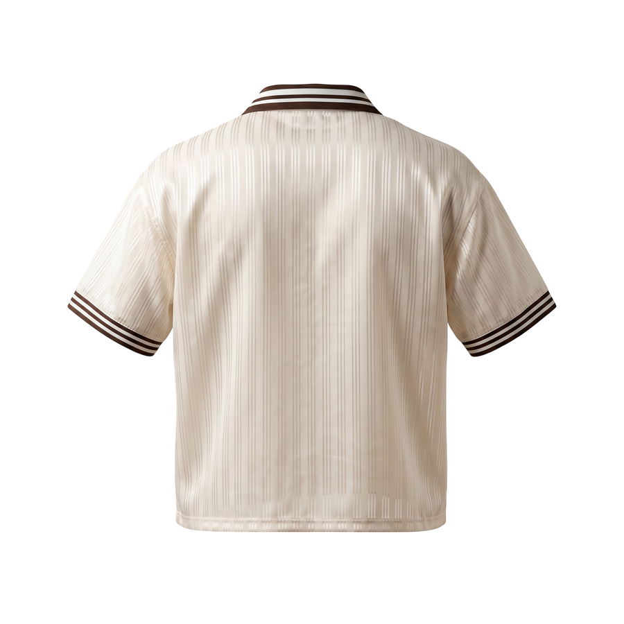 Back view of NILO Sequence striped polo tee in cream polyester with brown collar and sleeve trim