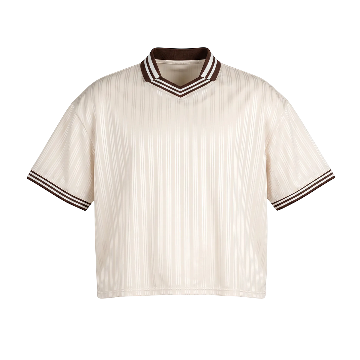 NILO Sequence Striped Polo Tee in cream polyester with brown and white ribbed collar and sleeve trim.