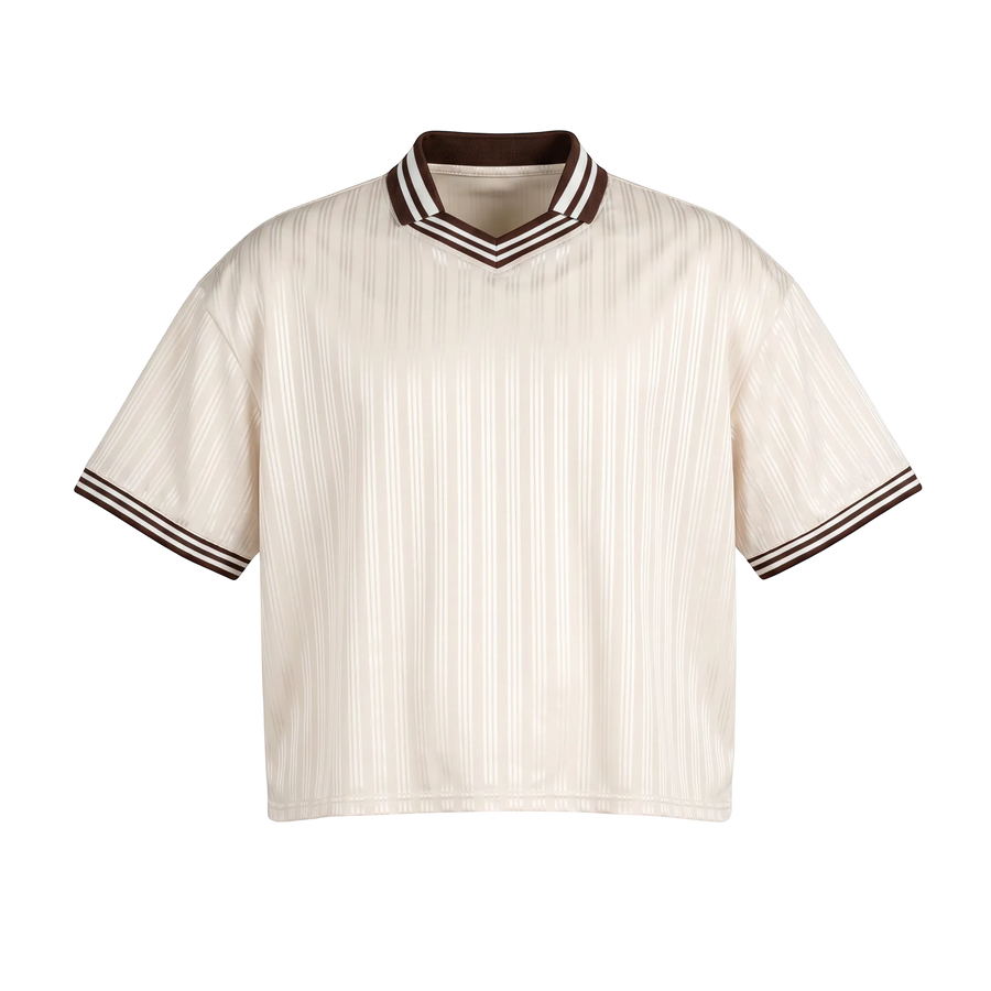 NILO Sequence Striped Polo Tee in cream polyester with brown and white ribbed collar and sleeve trim.