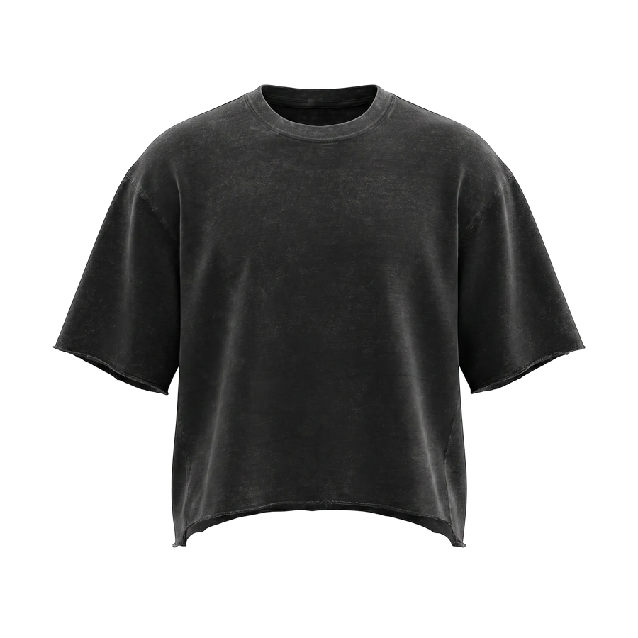 NILO Director snow-washed black boxy t-shirt in heavyweight cotton with raw edge hem and sleeves