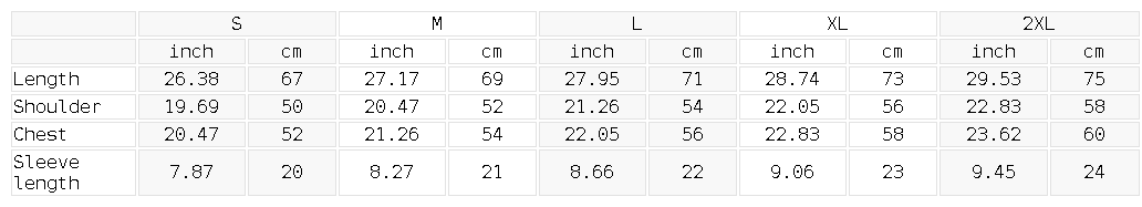 Size chart for Studio Heavyweight Tee