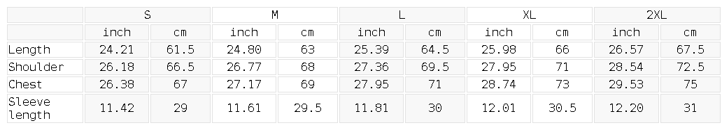 Size chart for Master Heavyweight Oversized Tee